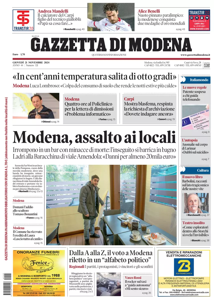 Prima-pagina-gazzetta di modena-oggi-edizione-del-2024-11-21